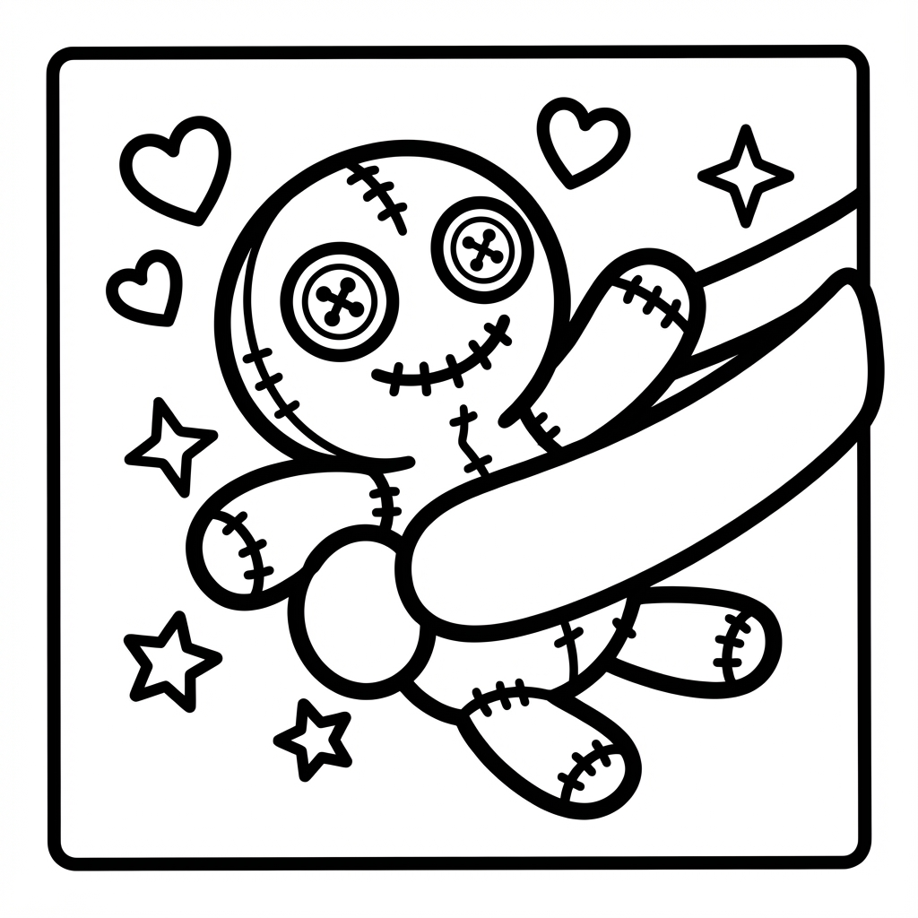 Cute voodoo doll with button eyes and stitches, designed for bold line coloring pages and thick line coloring pages printable.